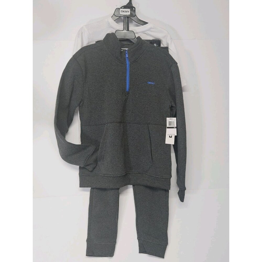 DKNY Size Boys 10, Set Of 3, Grey Sweatshirt/Grey Pants/Crew Neck Logo T Shirt